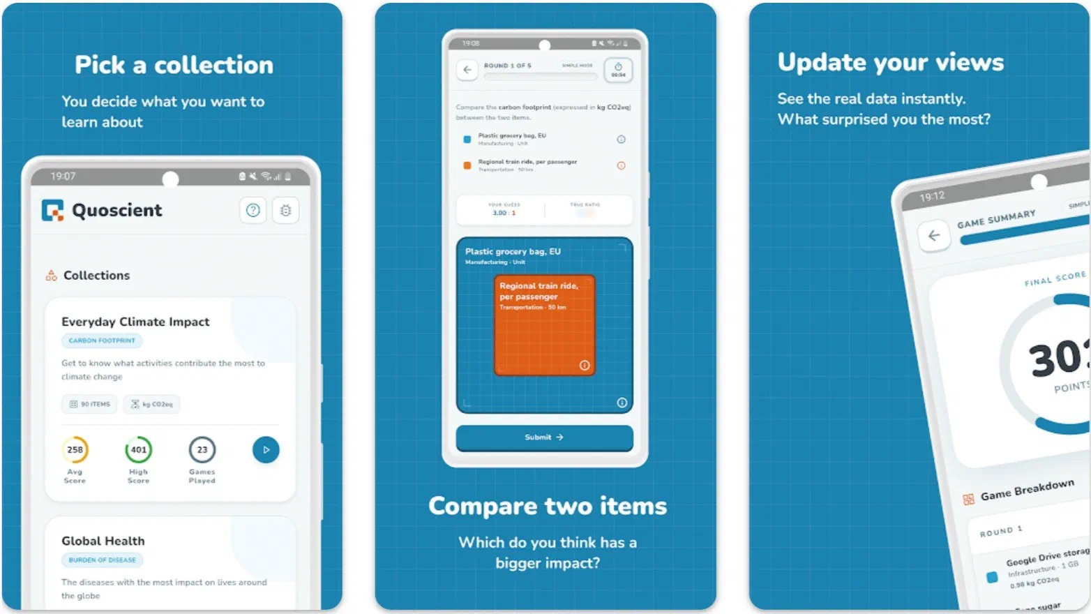 Screenshots van de Quoscient game.