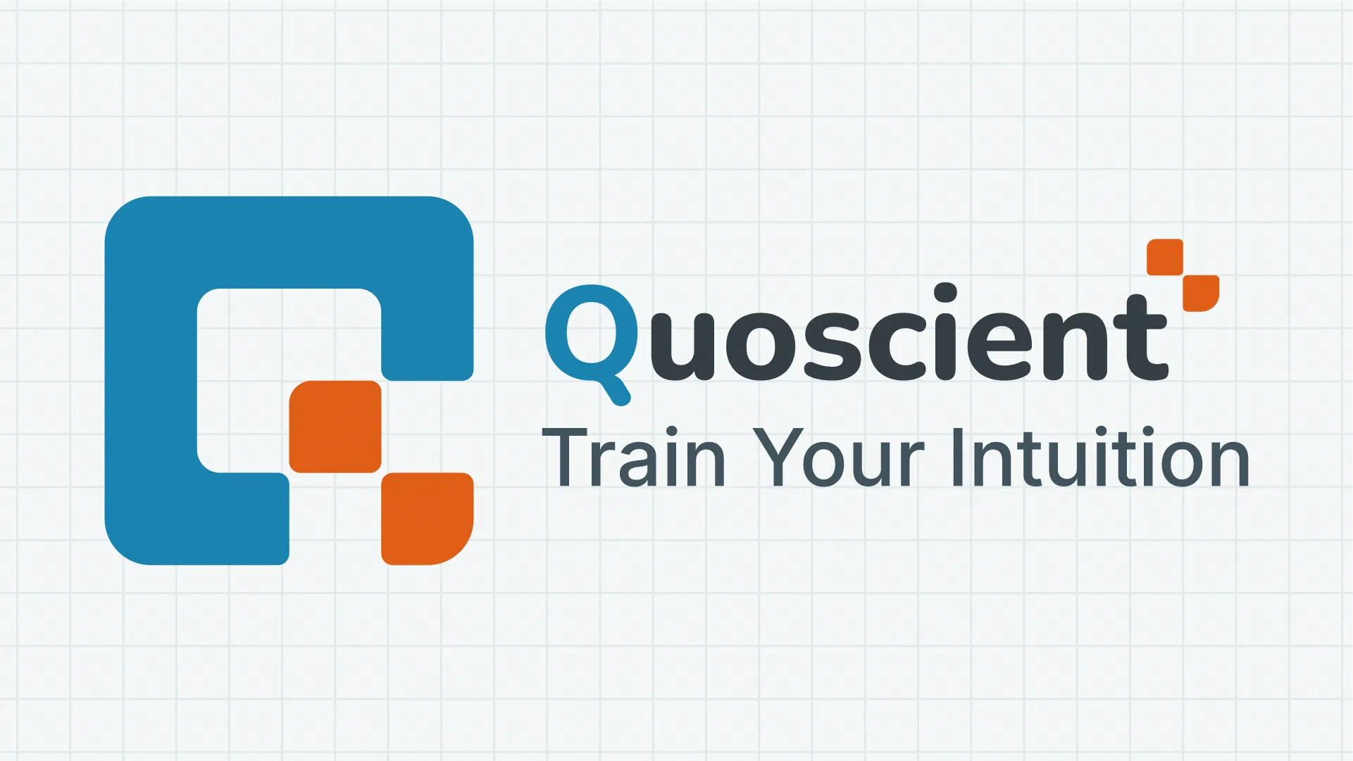 Quoscient logo met blauwe en oranje vormen.